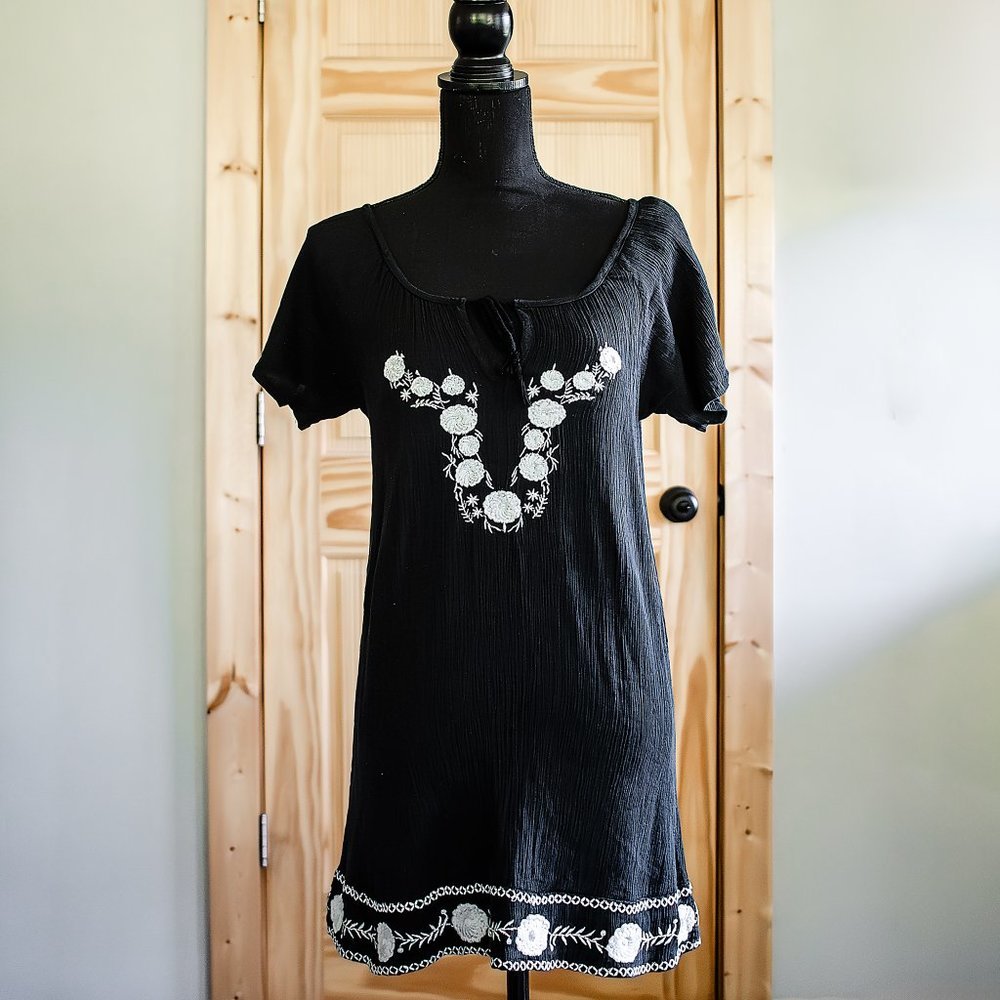 VINTAGE 1980's Raviya Embroidered Bohemian Mini Dress 100% Cotton Size Small